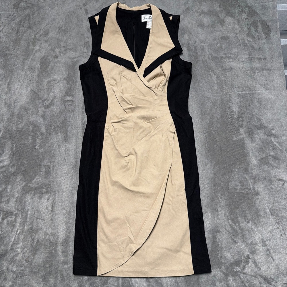 Joseph Ribkoff Sheath Dress Womens 12 Tan Black Sleeveless Ruched Stretch